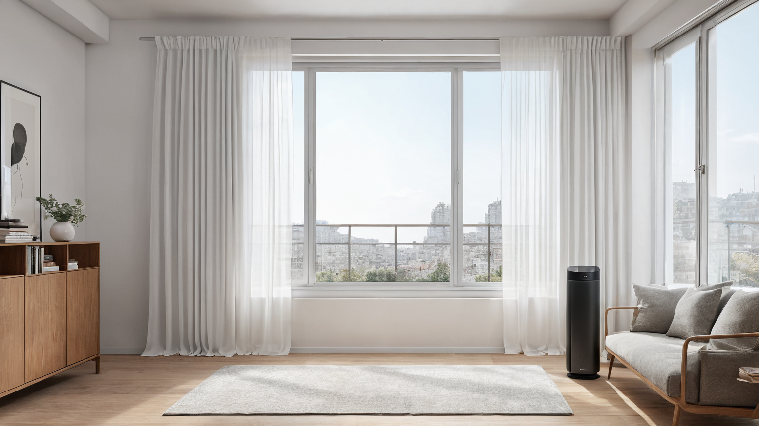 Cross ventilation layout with open window, curtains, and a plain air cleaner