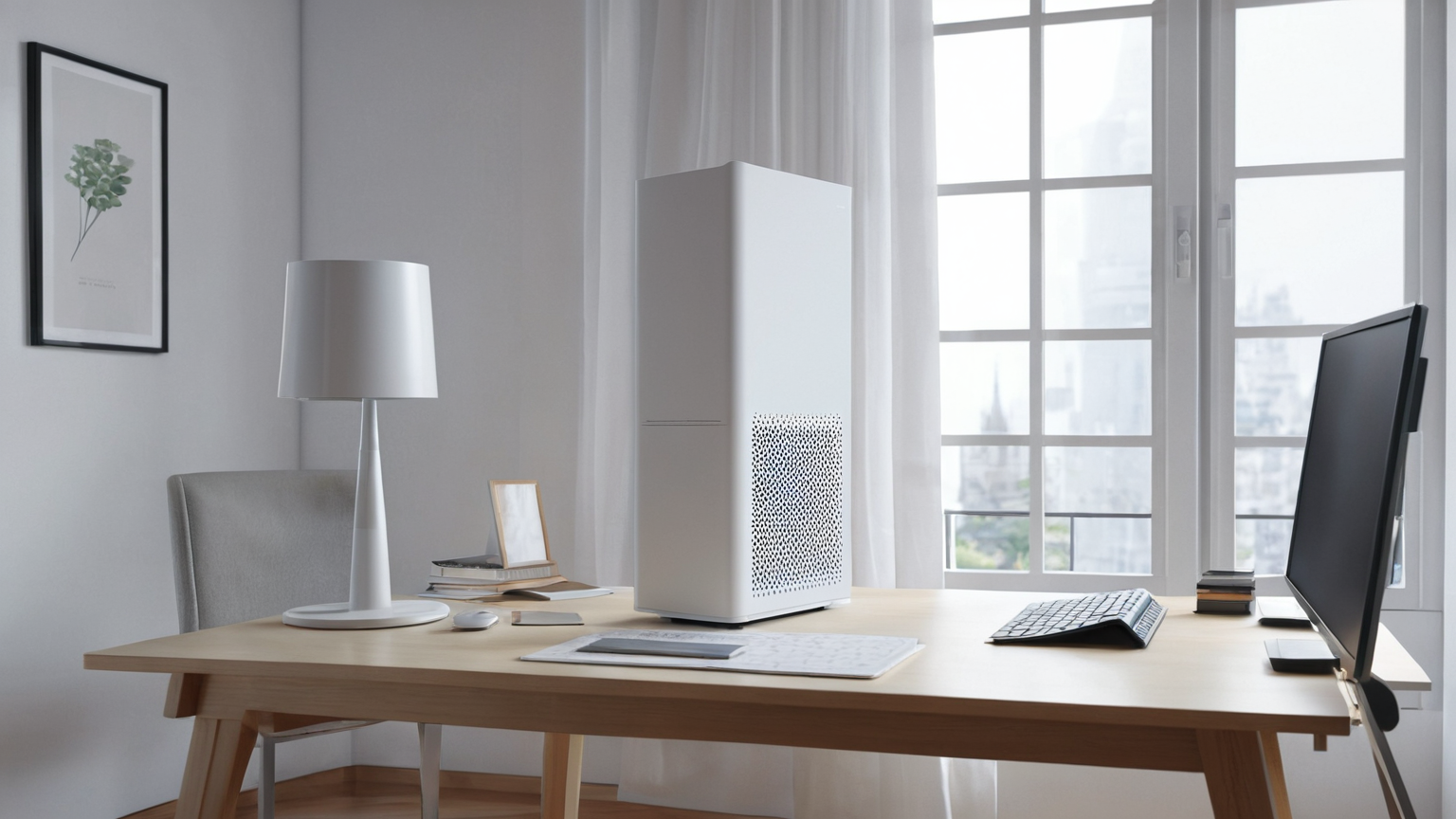 Studio home office with clear air purifier placement and open window