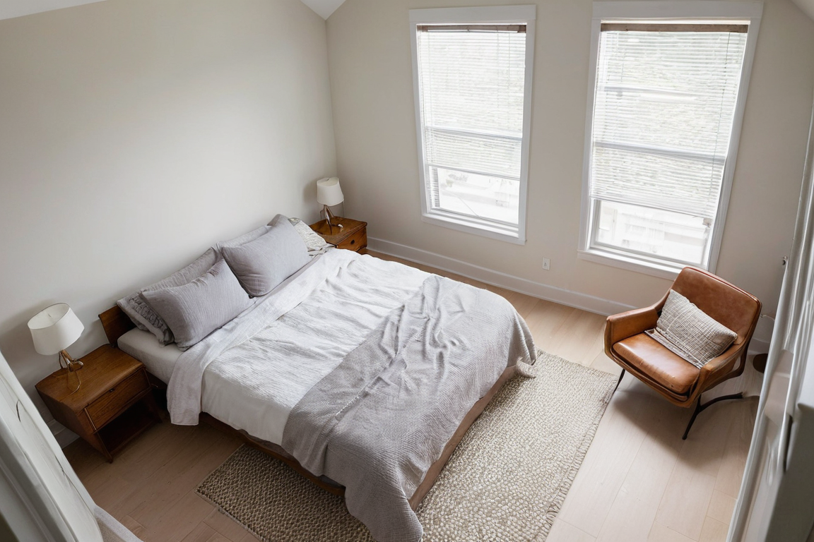Overhead bedroom view showing the relationship among bed, chair, windows, and clear floor