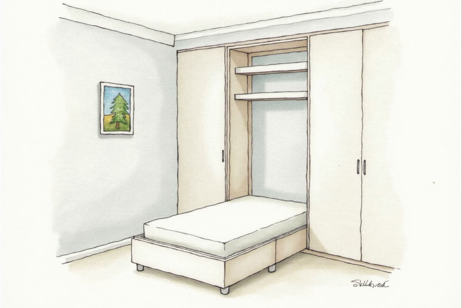 Murphy bed installed in built-in cabinet with shelves