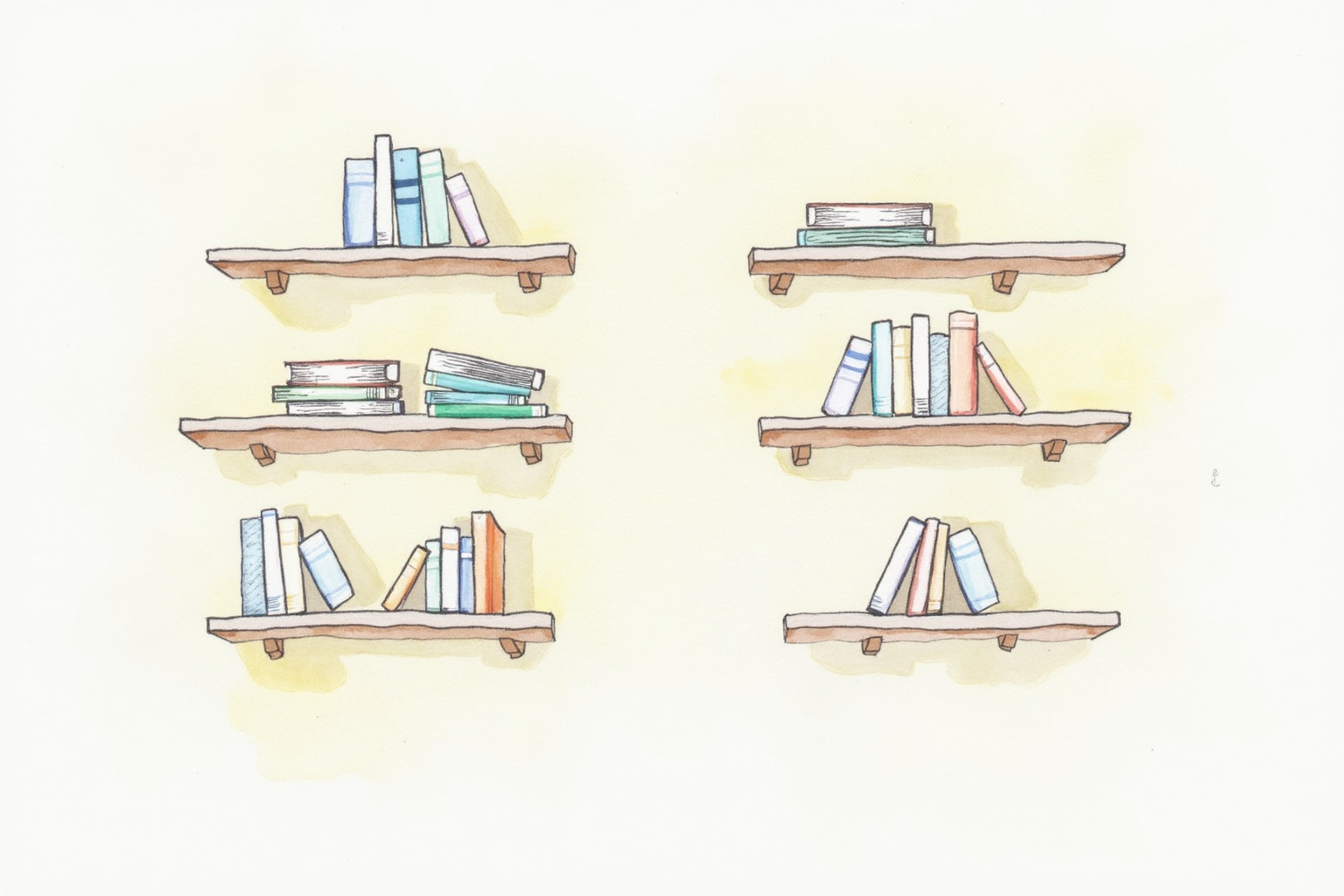 Floating bookshelves arranged in geometric pattern
