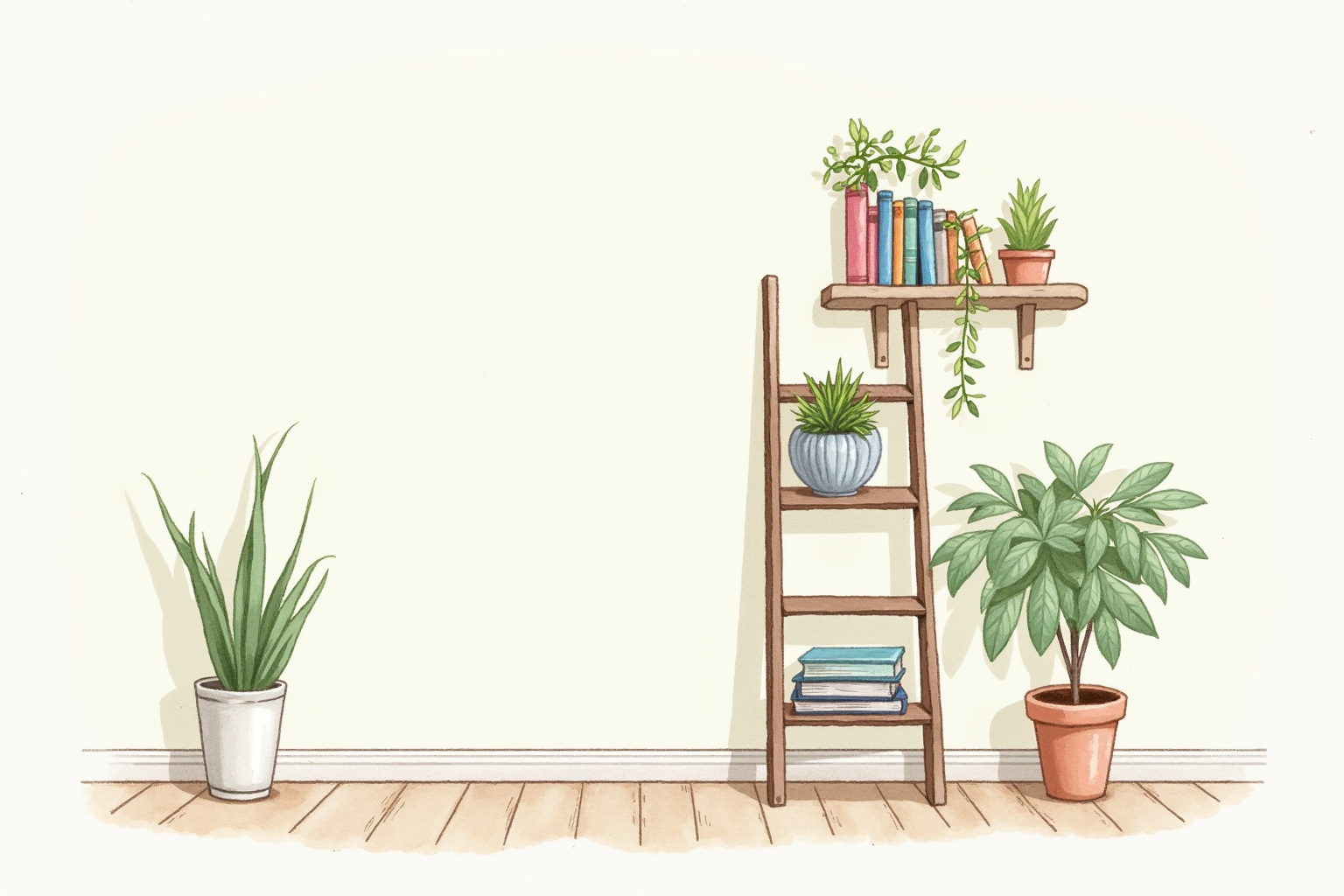 Ladder-style leaning shelf against wall