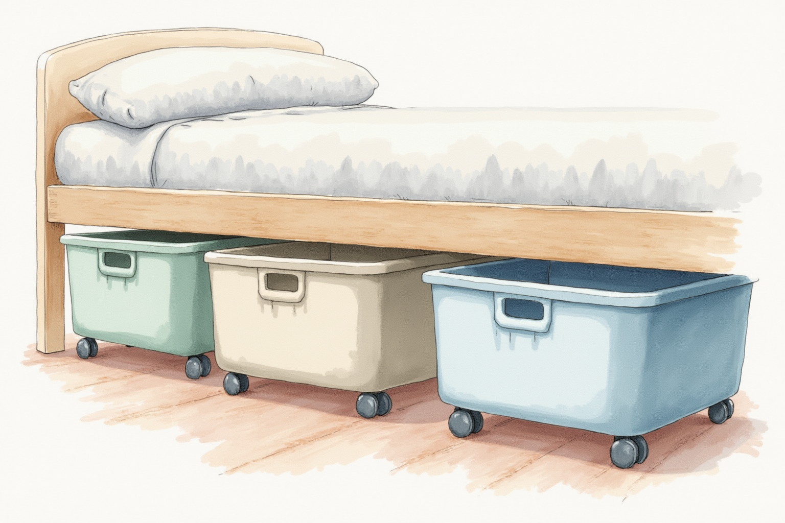 Rolling storage bins on wheels under bed
