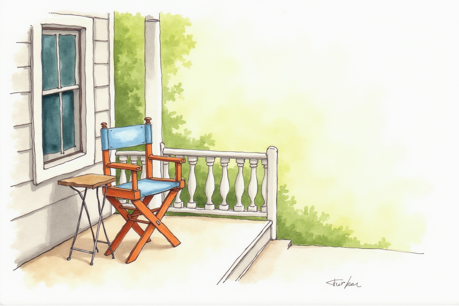 Director chair on porch with table