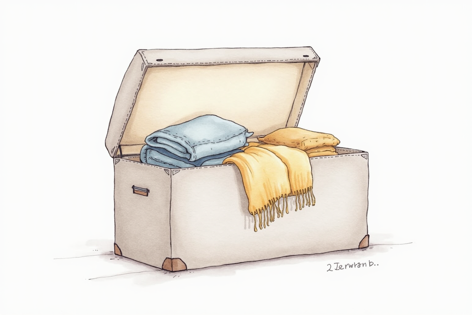 Fabric storage ottoman with blankets and pillows
