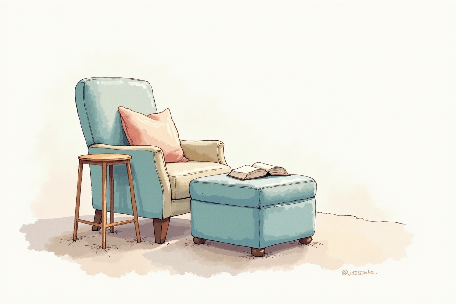 Storage ottoman used as side table beside reading chair
