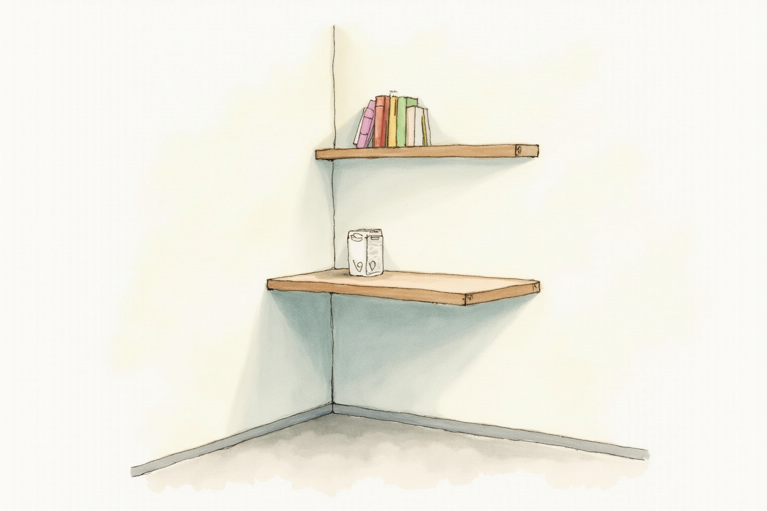 Corner-mount wall desk with shelf above