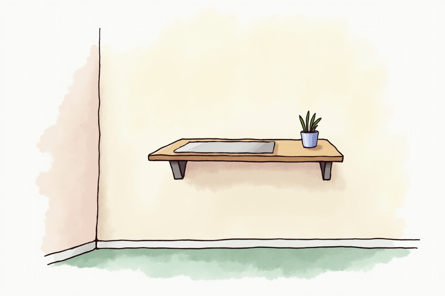Wall-mounted desk folded up flat against wall