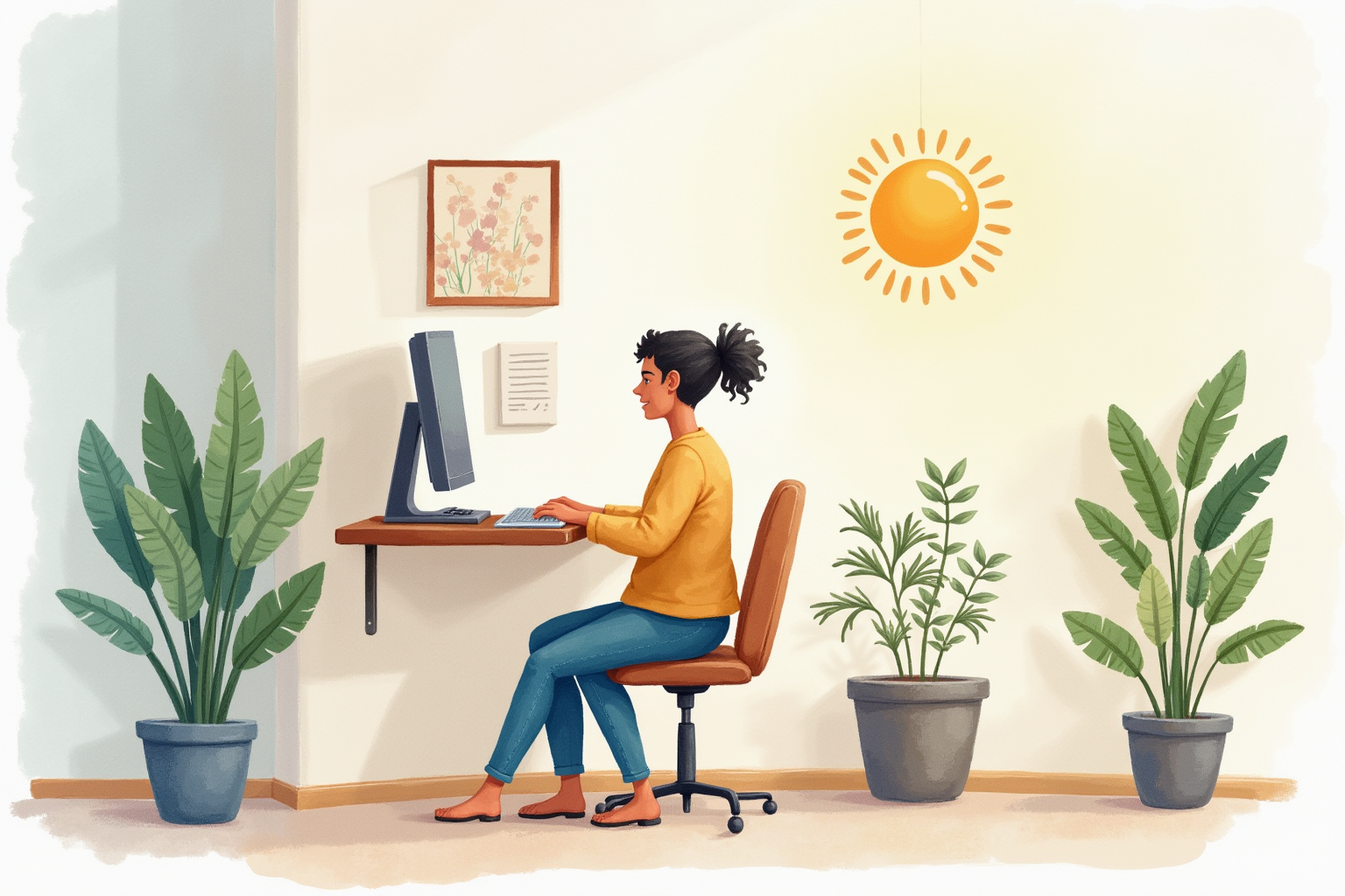 Person working at wall-mounted desk in cozy nook