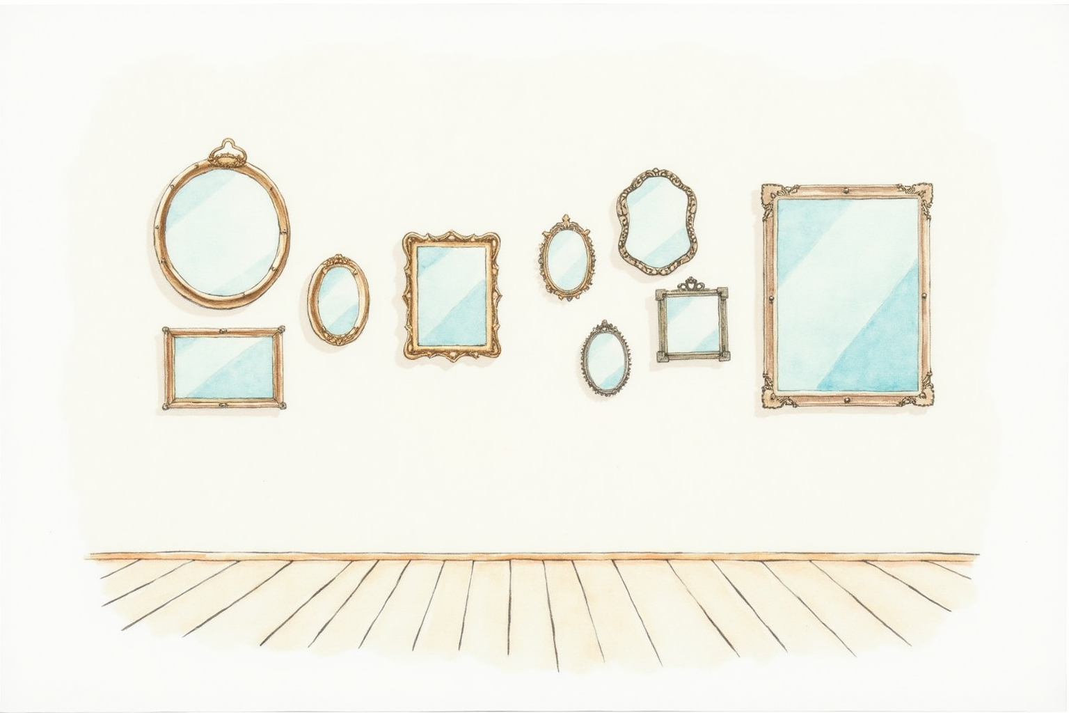 Small mirrors clustered as gallery wall