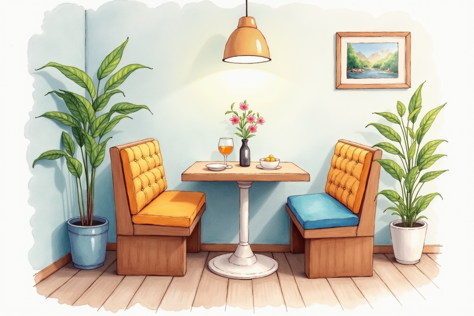 Small dining nook painted bright color cozy