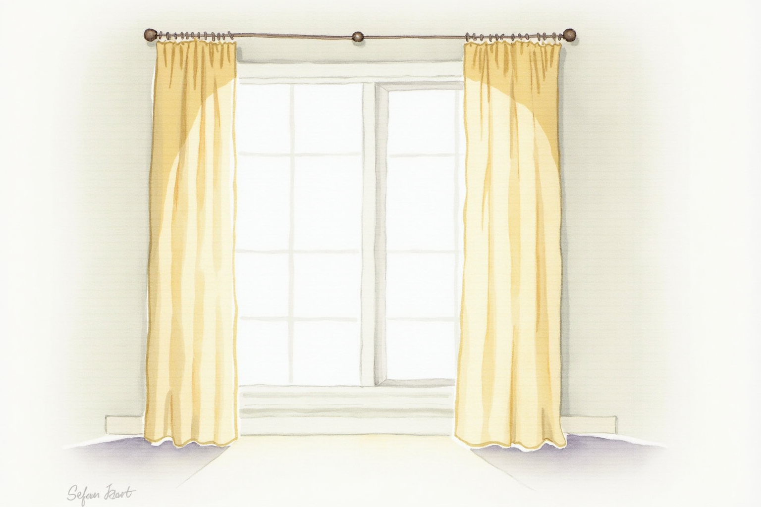 Curtains hung high to ceiling making window appear larger