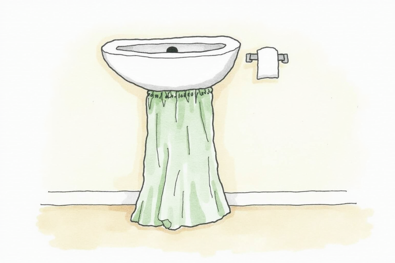 Pedestal sink with skirted storage curtain
