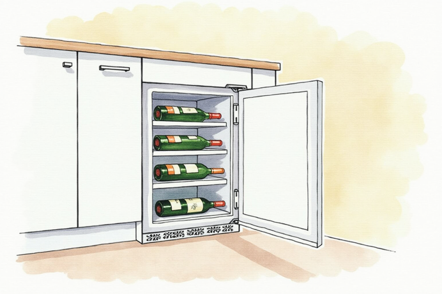 Small under-counter wine fridge in compact apartment