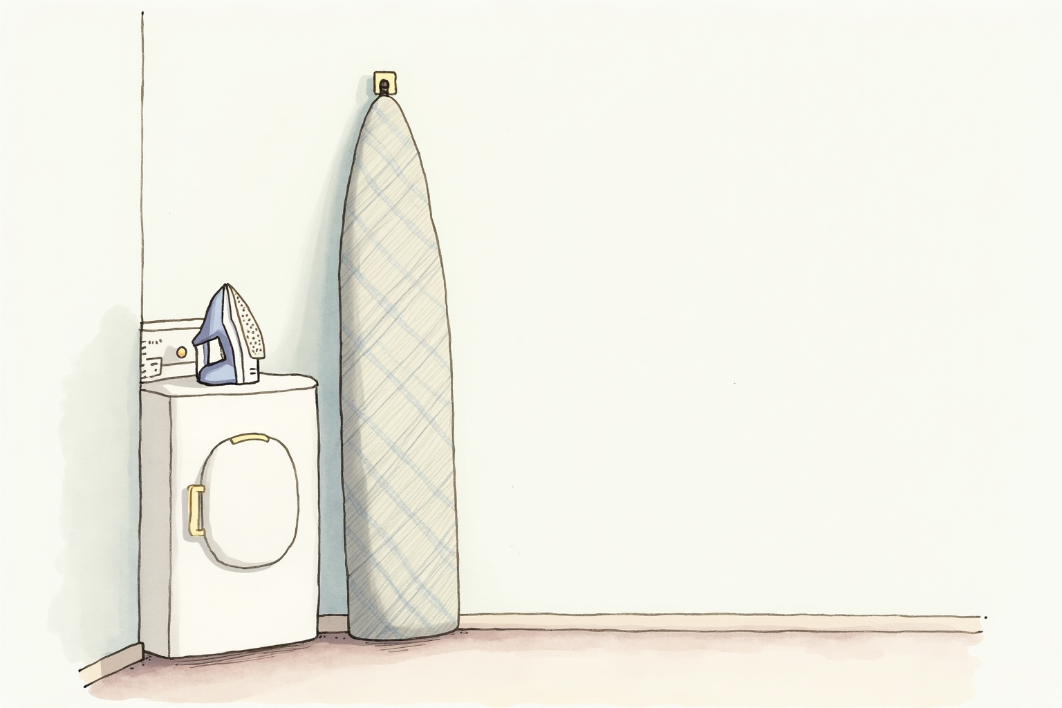 Wall-mounted ironing board folded against wall