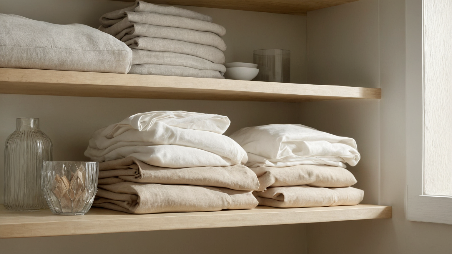 Folded linens on airy shelf