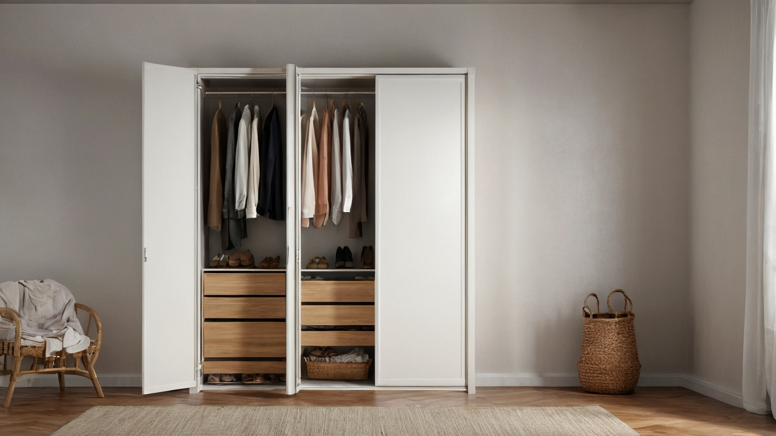 Open closet with spaced fabrics