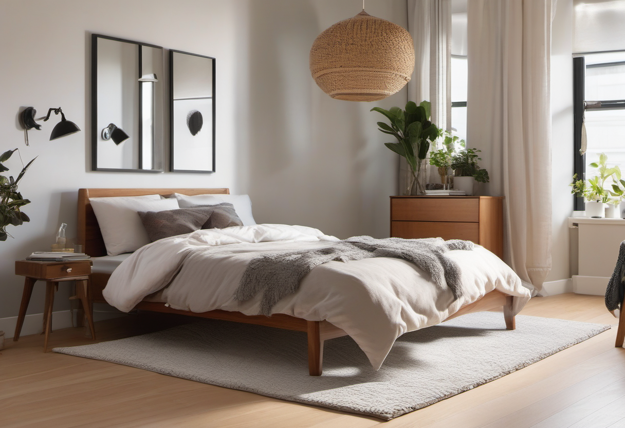 Small apartment bedroom with rug extending beyond bed for quieter footfall
