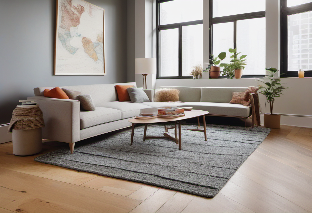 Layered rug system with dense felt and rubber pad on hard flooring