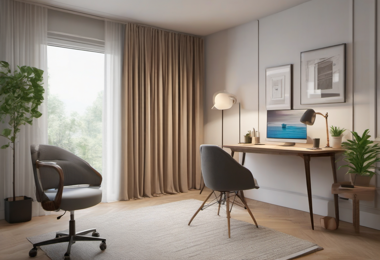 Compact video-call desk beside a curtained apartment window