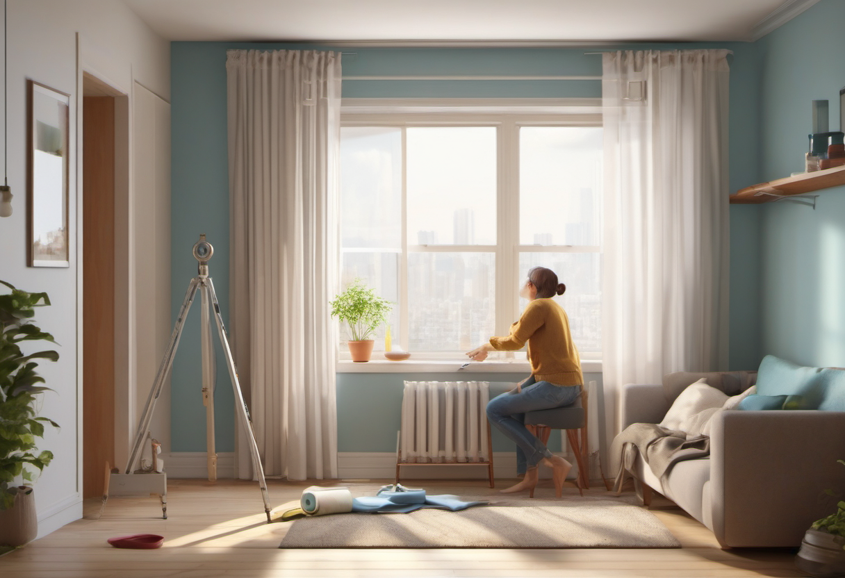 Renter measuring a window for heavy curtains and safe hardware