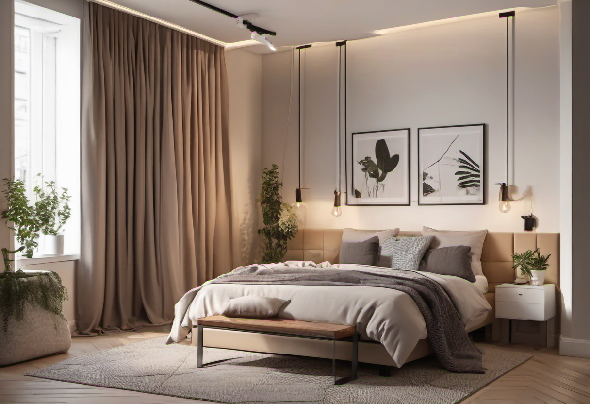 Quiet renter bedroom with wall-to-wall curtains, rug, and upholstered bed