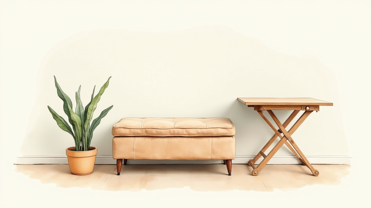 Watercolor illustration of multifunctional storage ottoman, folding desk, and small plant in cozy corner
