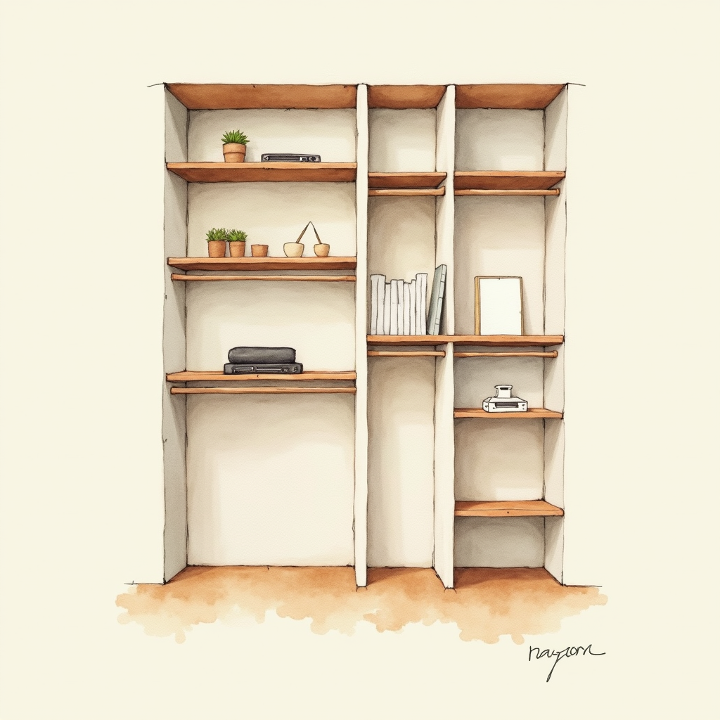 Watercolor illustration of an abstract closet with shelves on cream paper, top-down still life, no text, soft earth tones