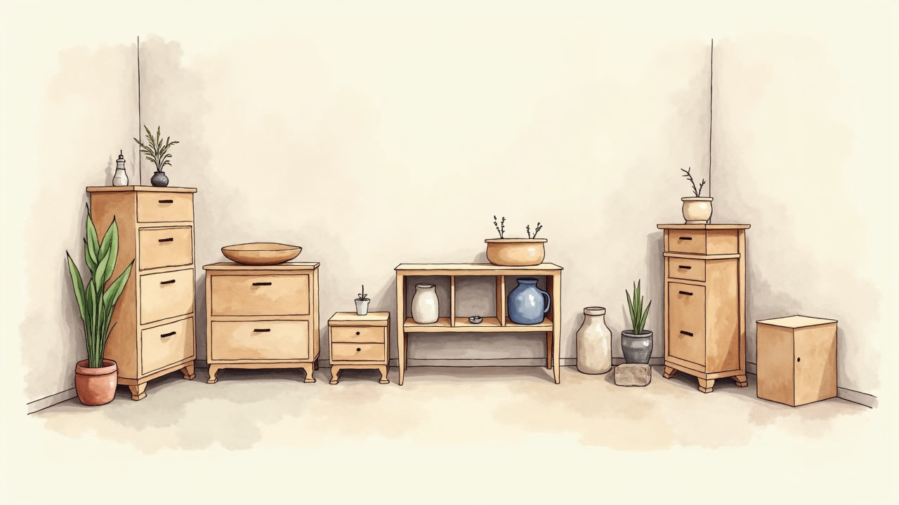 Watercolor illustration of an abstract small apartment room with multiple storage pieces on cream paper, top-down still life, no text, soft earth tones