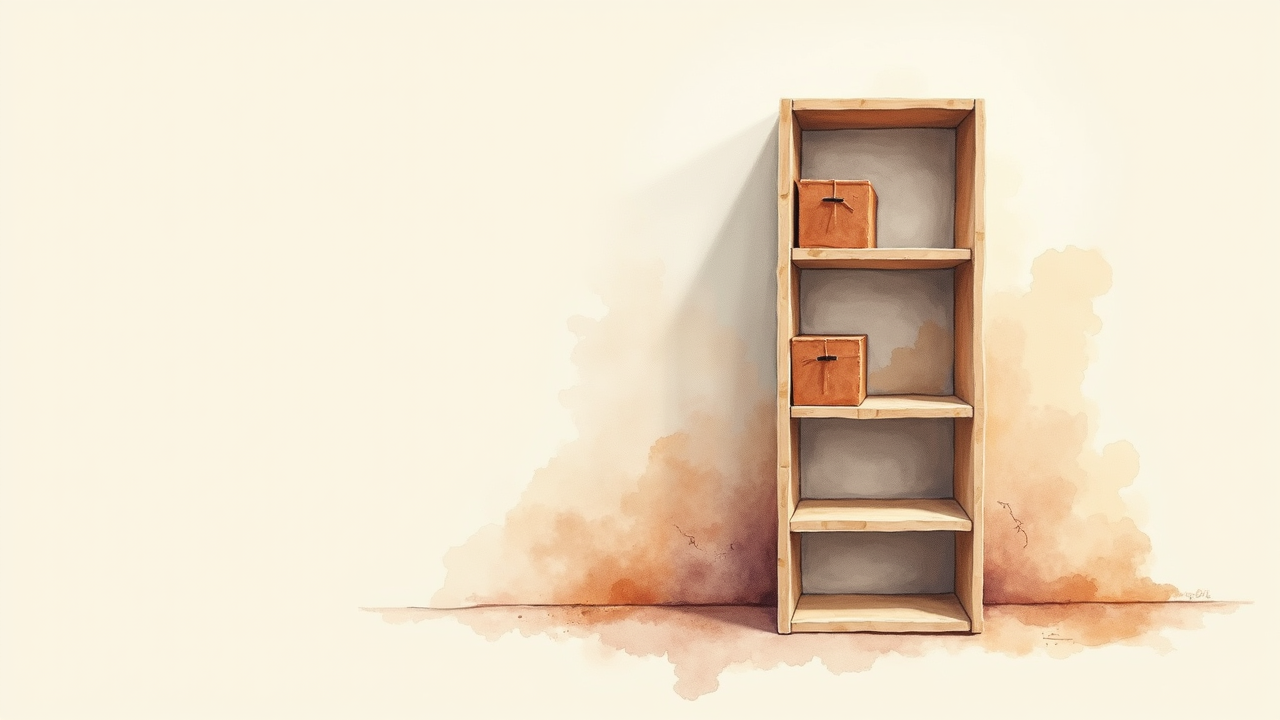 Watercolor illustration of an abstract tall shelf unit on cream paper, top-down still life, no text, soft earth tones
