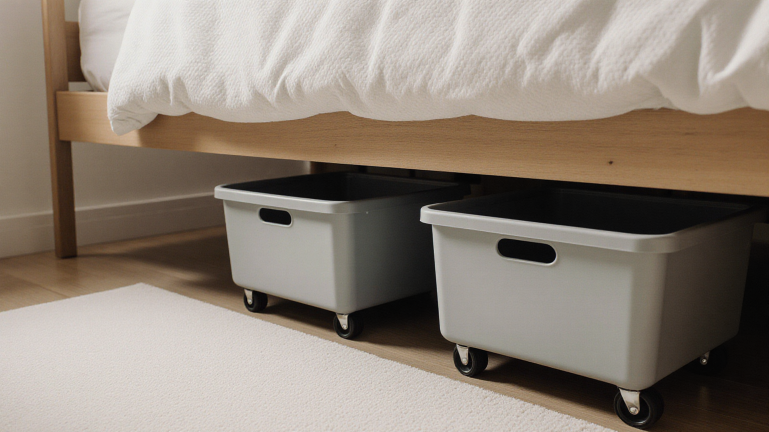 Low-profile rolling bins under a bed
