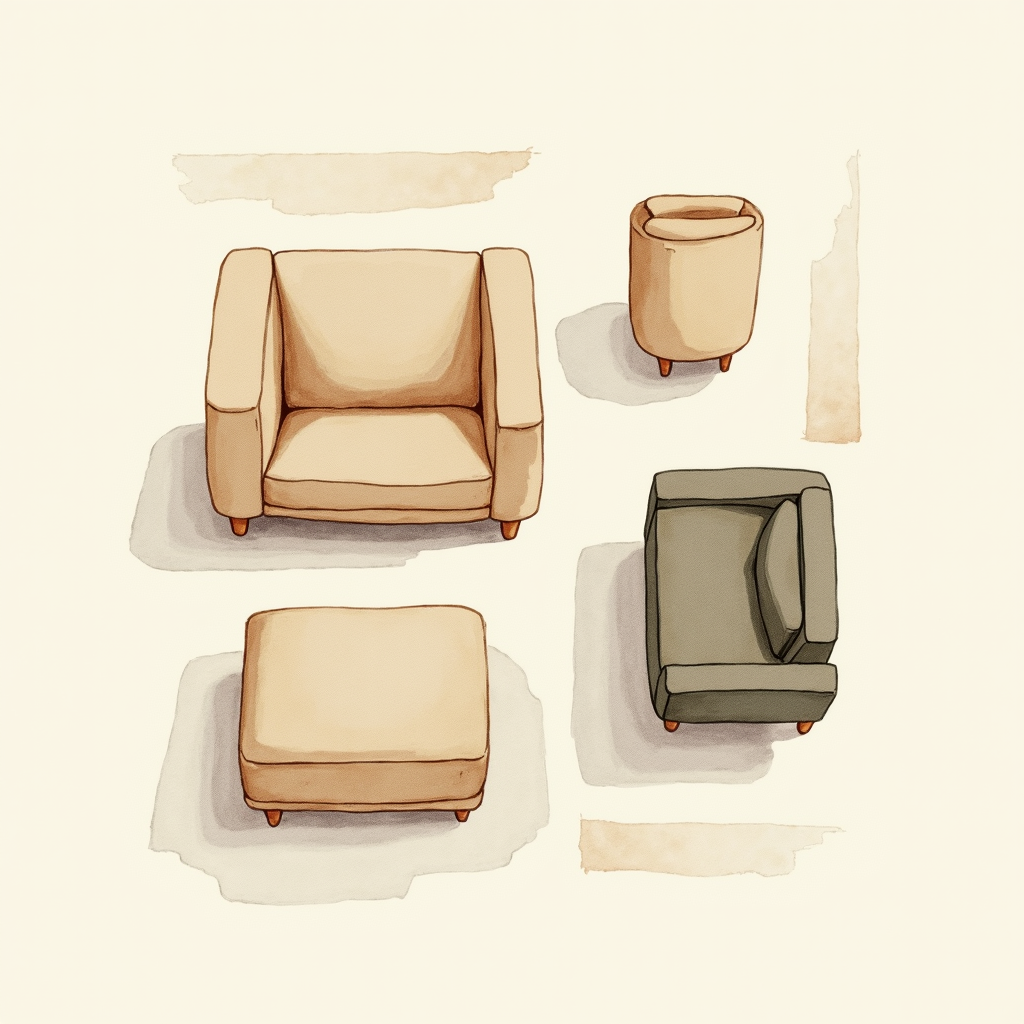 Watercolor illustration of abstract modular furniture pieces on cream paper, top-down still life, no text, soft earth tones