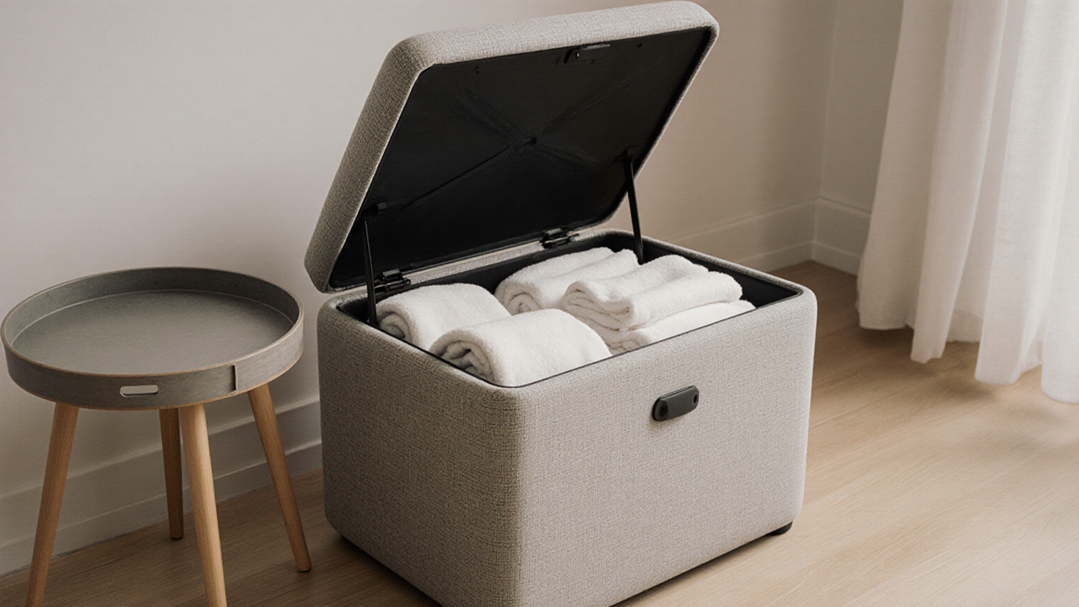 Storage ottoman with folded blankets
