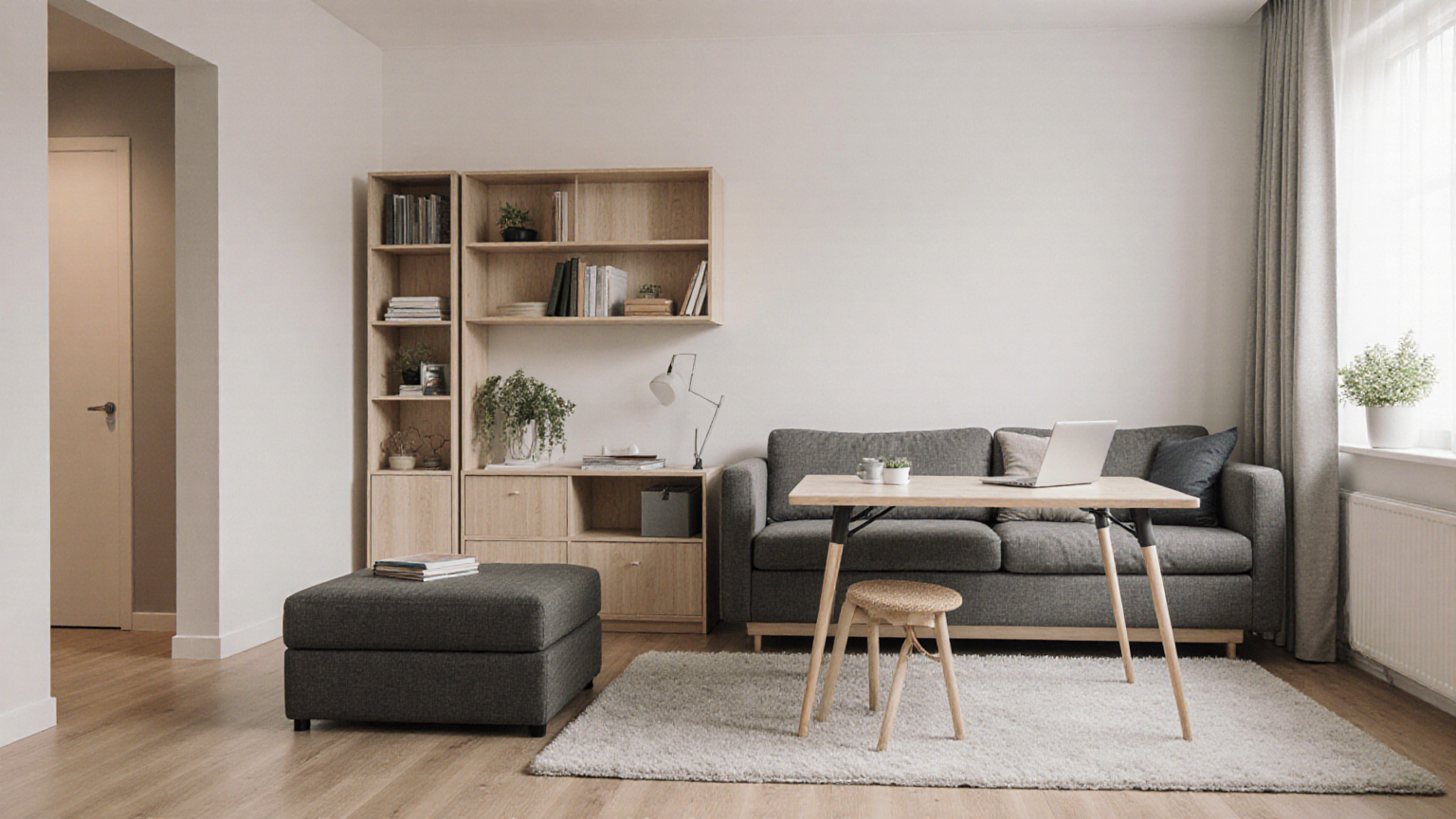 Compact room furnished with several multifunctional pieces