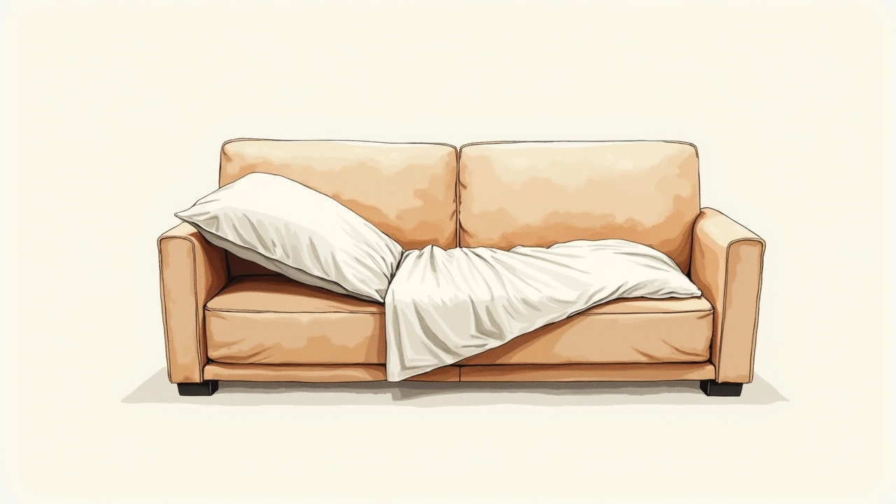 Watercolor illustration of an abstract sleeper sofa partially extended on cream paper, top-down still life, no text, soft earth tones