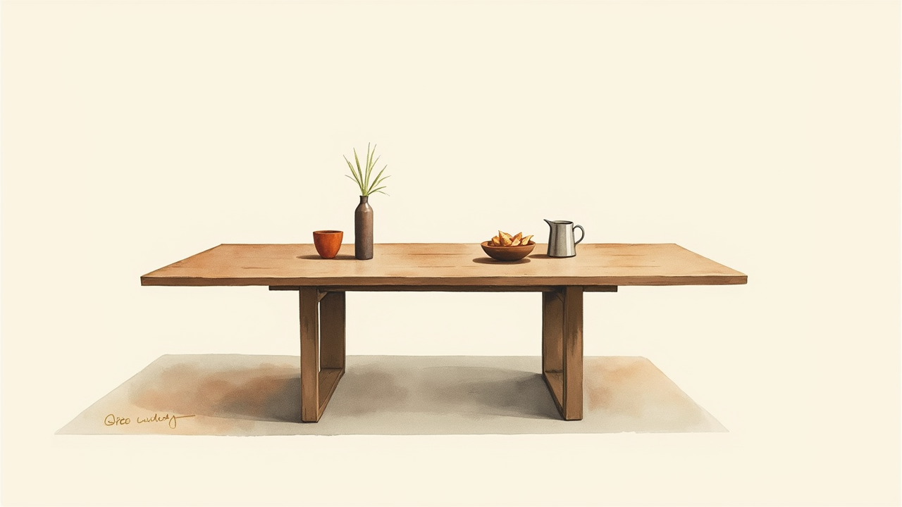 Watercolor illustration of an abstract expandable dining table on cream paper, top-down still life, no text, soft earth tones