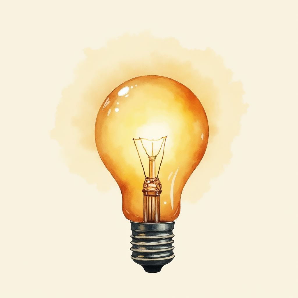 Watercolor illustration of an abstract glowing light bulb on cream paper, top-down still life, no text, soft earth tones