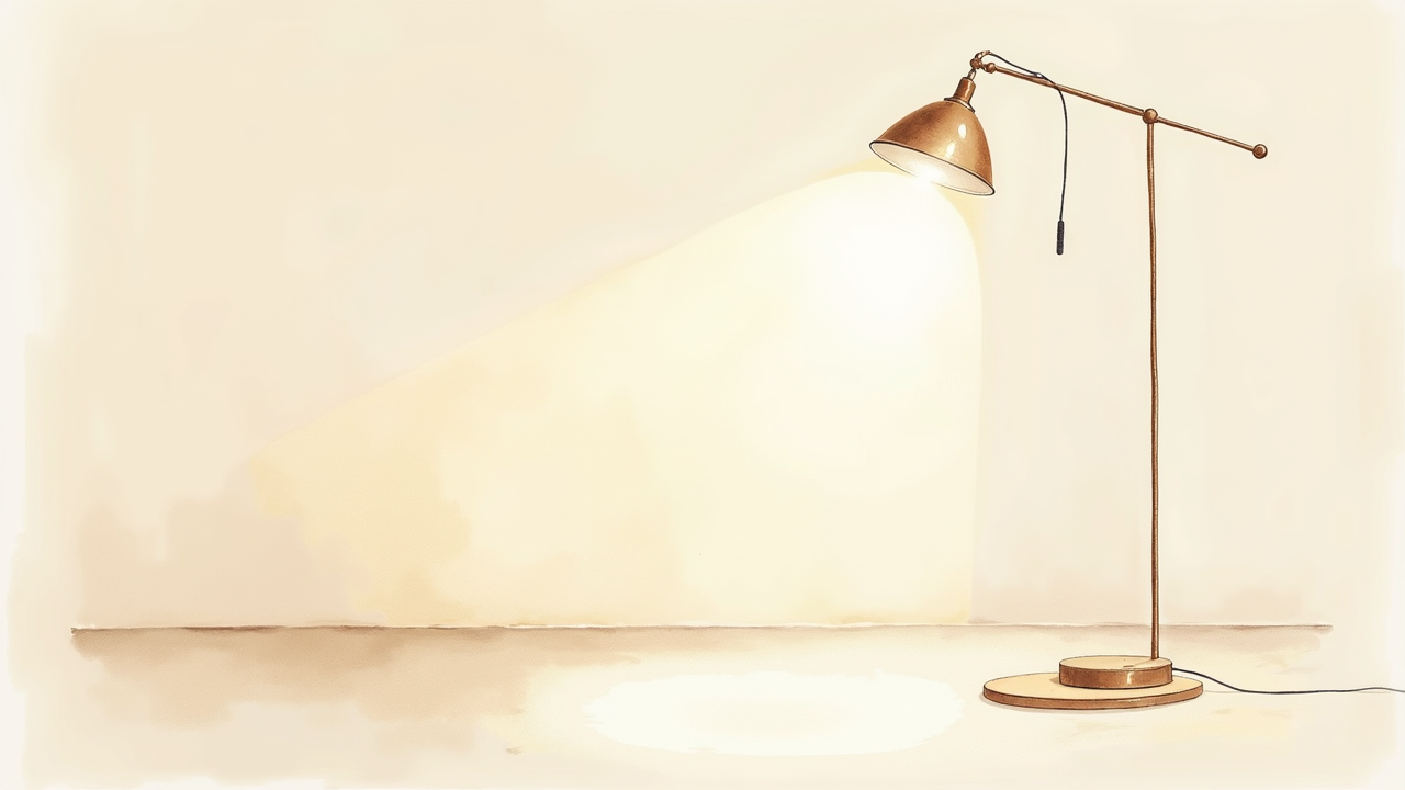 Watercolor illustration of an abstract floor lamp casting light on cream paper, top-down still life, no text, soft earth tones