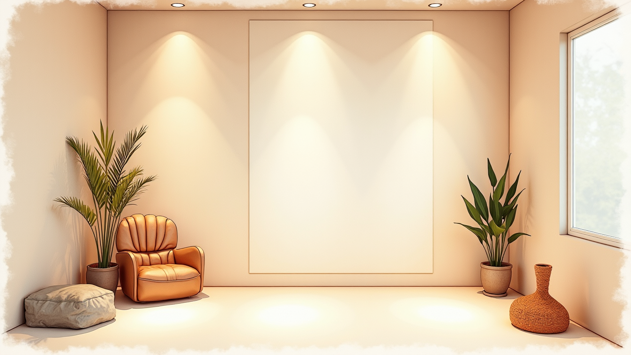 Watercolor illustration of an abstract room with multiple light sources illuminating different zones on cream paper, top-down still life, no text, soft earth tones