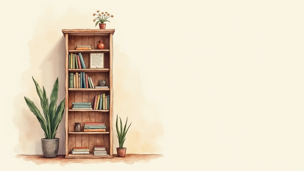 Watercolor illustration of an abstract bookshelf serving as a room divider on cream paper, top-down still life, no readable text on books, soft earth tones