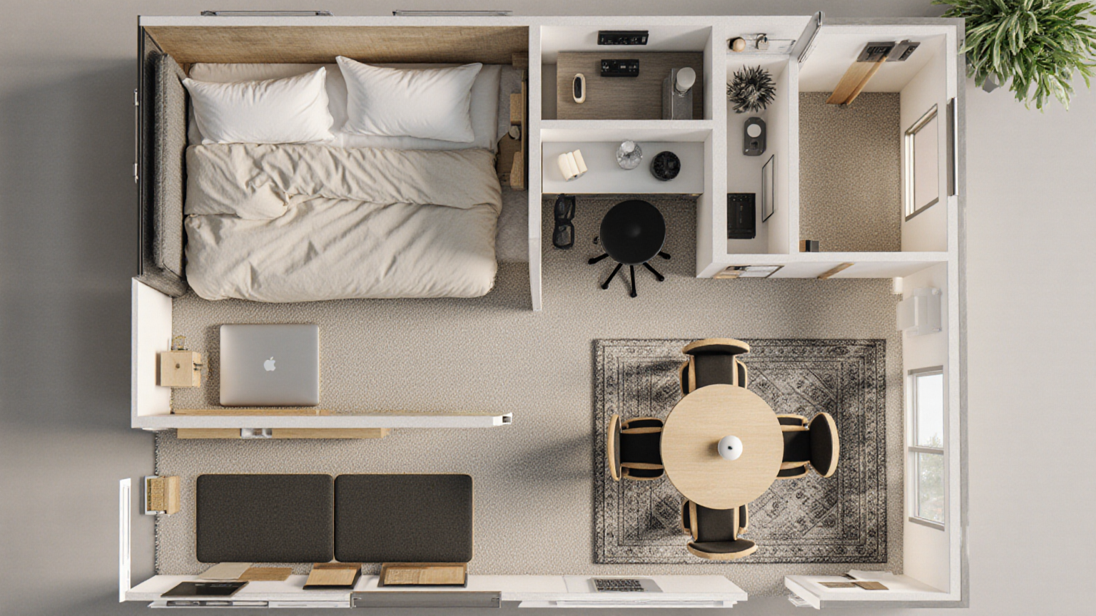 Top-down compact studio zoning layout