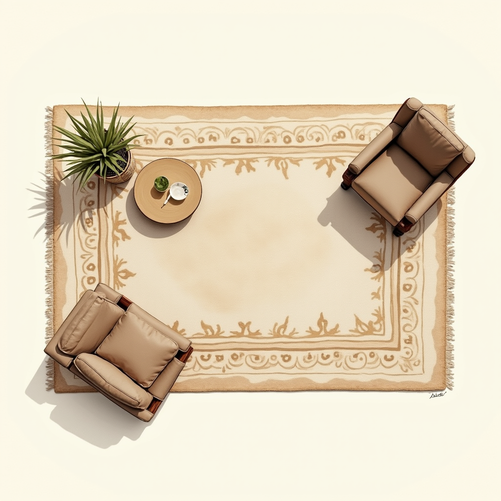 Watercolor illustration of an abstract patterned rug defining a sitting area on cream paper, top-down still life, no text, soft earth tones