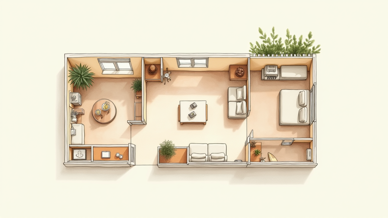 Watercolor illustration of an abstract floor plan with different zoned areas on cream paper, top-down still life, no text, soft earth tones